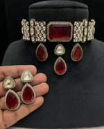 Red Bollywood Teardrop Polki Choker Earrings Set, Indian Celebrity Classic Red Jewelry Set, Red Polki Choker Set, Jaipuri Red Polki Jewelry Set, Pakistani Bridal Red Choker Set - Libasaa.com