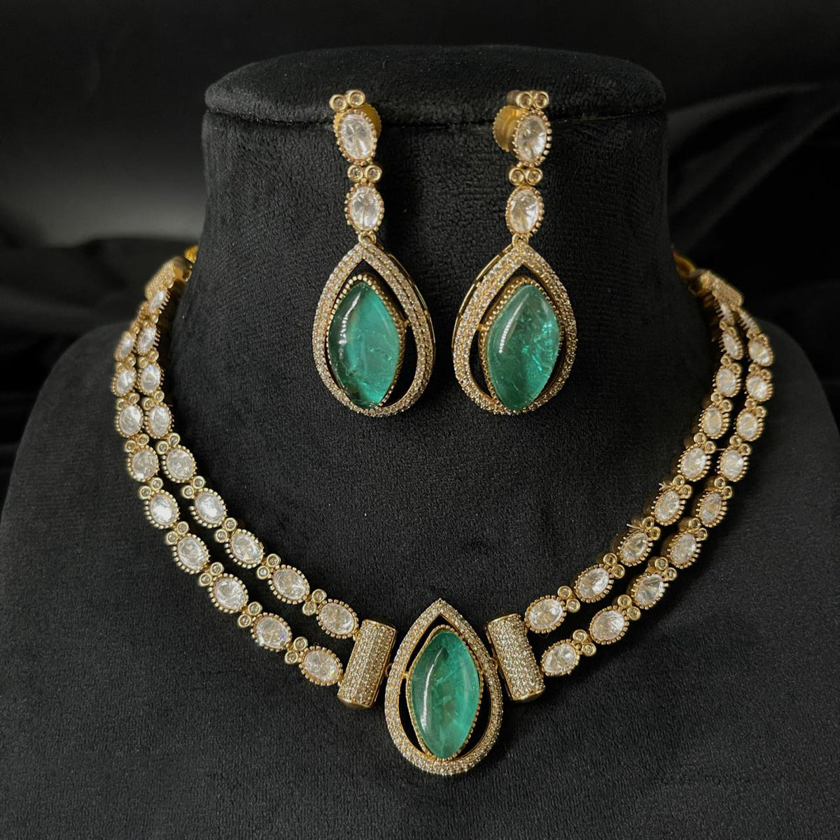 Mint Polki Indian Choker Earrings Jewelry Set, Double Layer Polki Indian Jewelry Set, Pakistani Mint Jewelry Set, Bollywood Mint Polki Choker Set, Celebrity Polki Jewelry Set, Wedding Jewelry Set - Libasaa.com