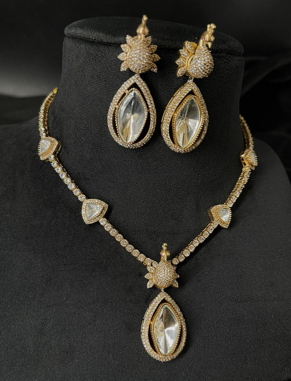 Bridal Gold Plated Nature Inspired Polki Necklace Set, Bollywood Nature Inspired Polki Necklace Set, Pakistani Gold Plated Jewelry Set - Libasaa.com