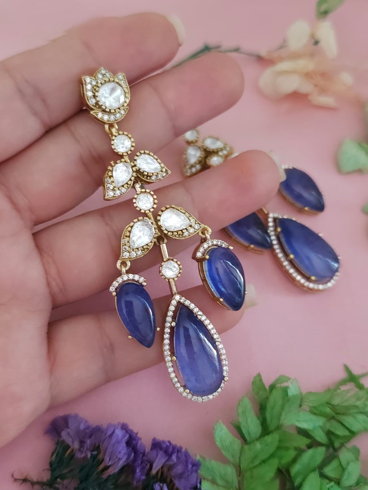 Royal Jaipuri Floral American Diamond Earrings Set, Royal CZ Earrings Set, Bollywood AD Earrings Set, Pakistani AD Earrings Jewelry Set - Libasaa.com
