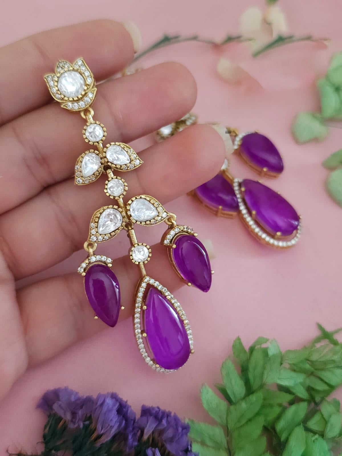 Royal Jaipuri Floral American Diamond Earrings Set, Royal CZ Earrings Set, Bollywood AD Earrings Set, Pakistani AD Earrings Jewelry Set - Libasaa.com