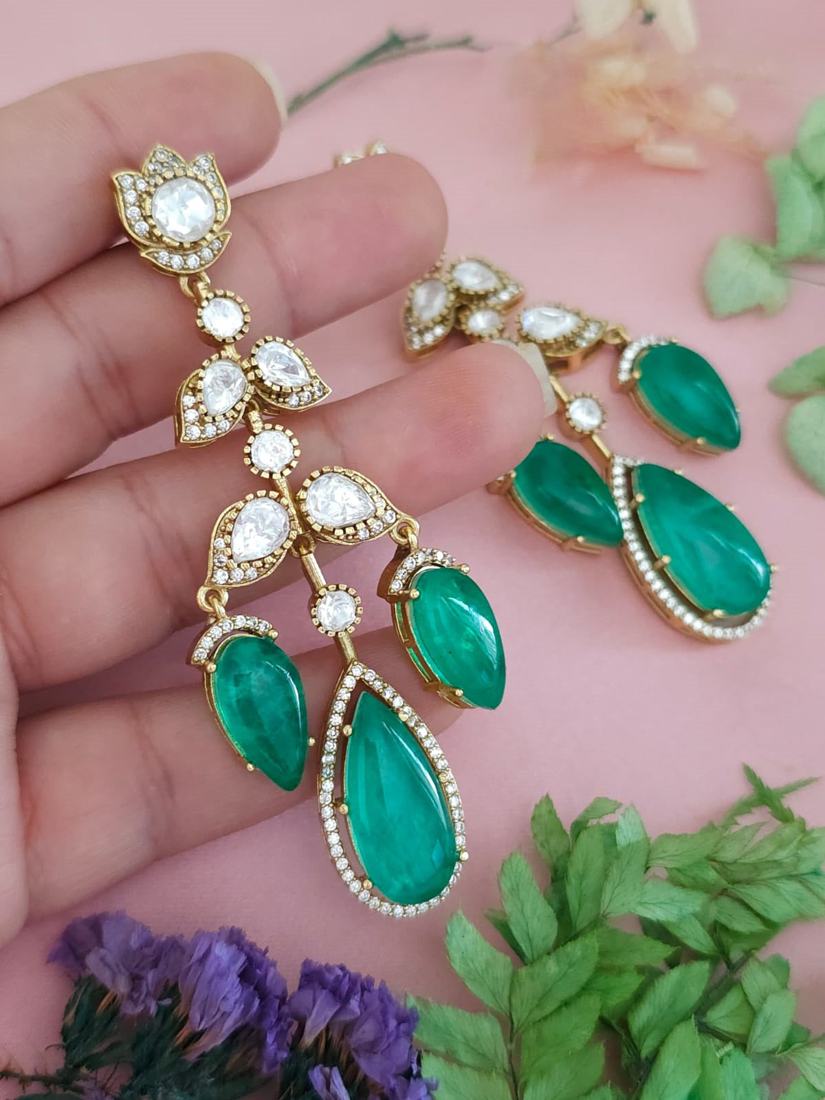 Royal Jaipuri Floral American Diamond Earrings Set, Royal CZ Earrings Set, Bollywood AD Earrings Set, Pakistani AD Earrings Jewelry Set - Libasaa.com