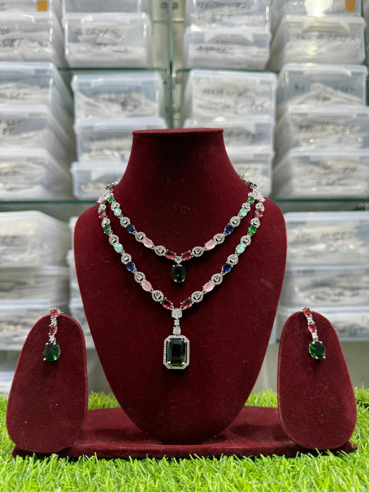 Double Layer CZ Indian Bridal Necklace Earrings Set, Bollywood Double Layer Necklace Set, AD Indian Layer Jewelry Set, Celebrity CZ Layer Necklace Set - Libasaa.com