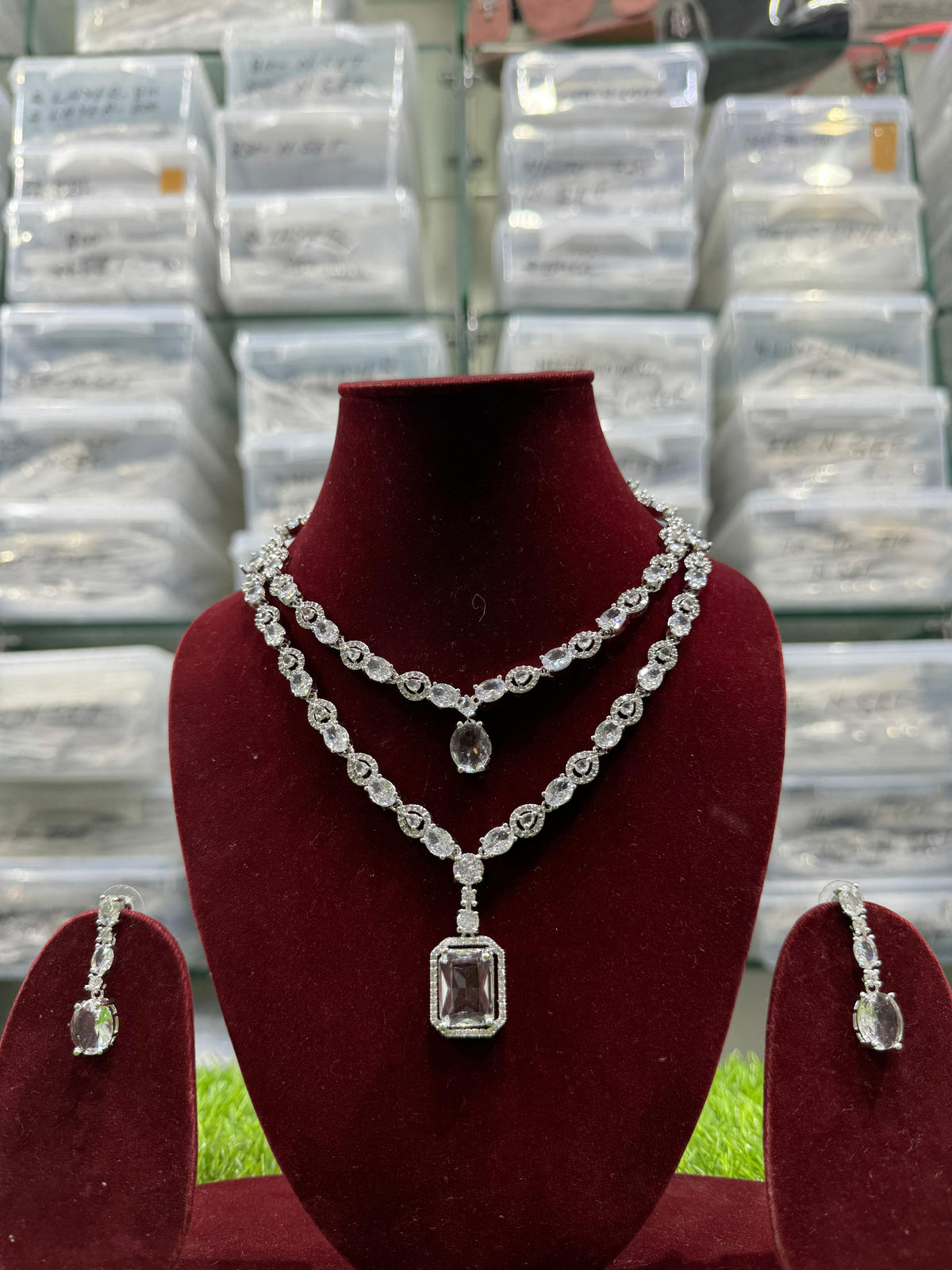 Double Layer CZ Indian Bridal Necklace Earrings Set, Bollywood Double Layer Necklace Set, AD Indian Layer Jewelry Set, Celebrity CZ Layer Necklace Set - Libasaa.com