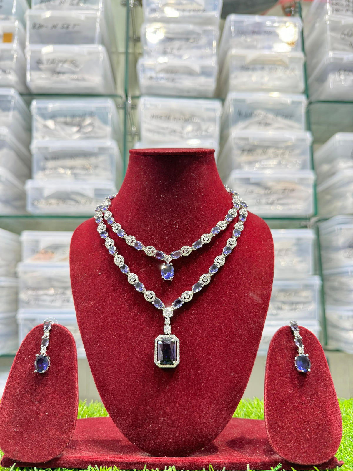 Double Layer CZ Indian Bridal Necklace Earrings Set, Bollywood Double Layer Necklace Set, AD Indian Layer Jewelry Set, Celebrity CZ Layer Necklace Set - Libasaa.com