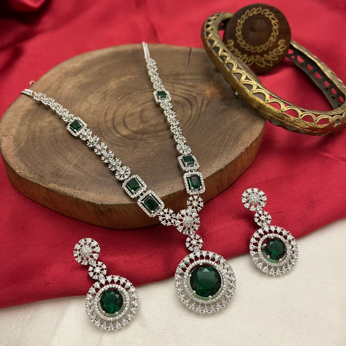 AD CZ Necklace Earrings Set, AD Jewelry Set, Indian AD Necklace Set, Bollywood Wedding CZ Jewelry Set, Celebrity AD Necklace Set - Libasaa.com