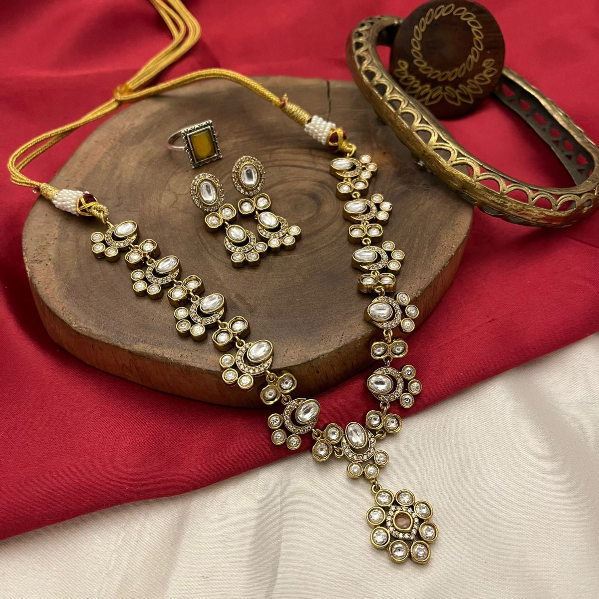 Jaipuri Pearl Beaded Kundan Necklace Earrings Set, Rajsthani Pearl Necklace Set, Jaipuri Kundan Jewelry Set, Indian Kundan Beaded Necklace Jewelry Set - Libasaa.com