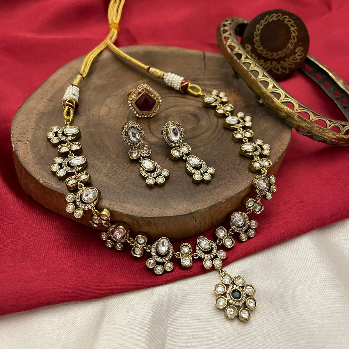 Jaipuri Pearl Beaded Kundan Necklace Earrings Set, Rajsthani Pearl Necklace Set, Jaipuri Kundan Jewelry Set, Indian Kundan Beaded Necklace Jewelry Set - Libasaa.com