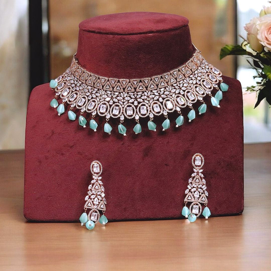 Silver Mint Pakistani Choker Earrings Set, Pakistani Silver Jewelry Set, Wedding Choker Set, Punjabi Bridal Choker Set, Punjabi Wedding Jewelry Set - Libasaa.com