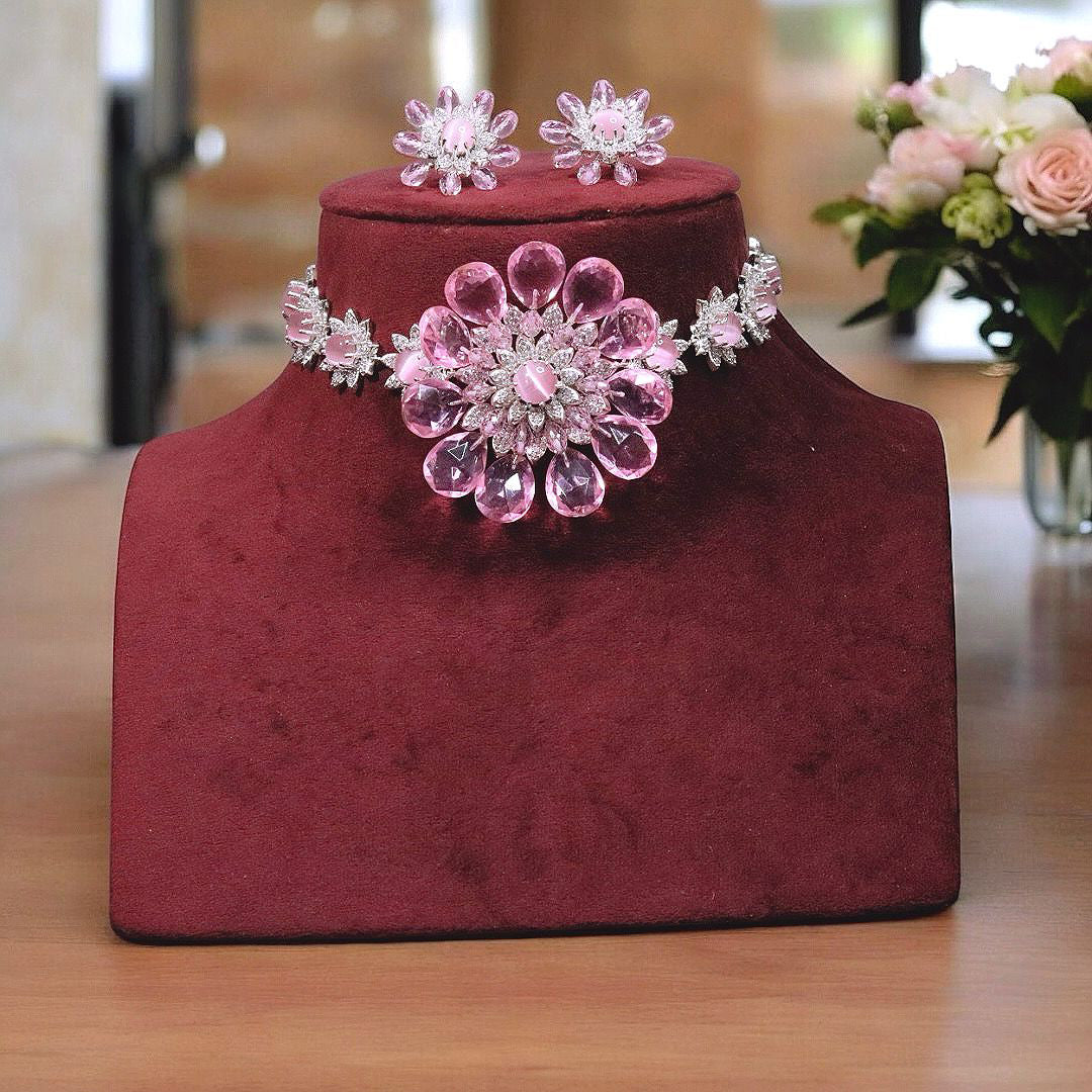 Pink Lotus FLoral Inspired Indian Polki Choker Earrings Set, Pink Lotus Choker Set, Pink Indian Jewelry Set, Bollywood Lotus Choker Set, Celebrity Lotus Floral Choker Earrings Set - Libasaa.com