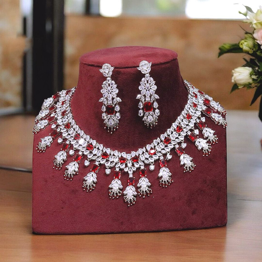 Jaipuri Siner Red Bridal Choker Earrings Set, Indian Wedding Silver Jewelry Set, Celebrities Red Silver Choker Set, Indian Choker Set - Libasaa.com