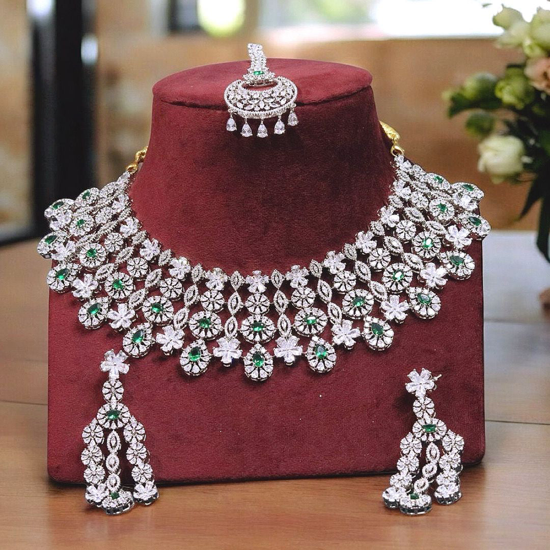 Layered Silver Emerald Indian Choker Earrings Maangtika Set, Layer Silver Jewelry Set, Bollywood Polki Choker Earrings Mangtika Set, Indian Wedding Layer Choker Set - Libasaa.com