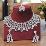 Layered Silver Emerald Indian Choker Earrings Maangtika Set, Layer Silver Jewelry Set, Bollywood Polki Choker Earrings Mangtika Set, Indian Wedding Layer Choker Set - Libasaa.com