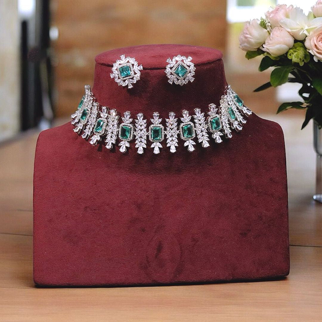 Celebrity Inspired AD Choker Earrings Indian Jewelry Set, Punjabi Choker Earrings Set, Pakistani CZ Choker Set, Bridal Indian Jewelry Set - Libasaa.com