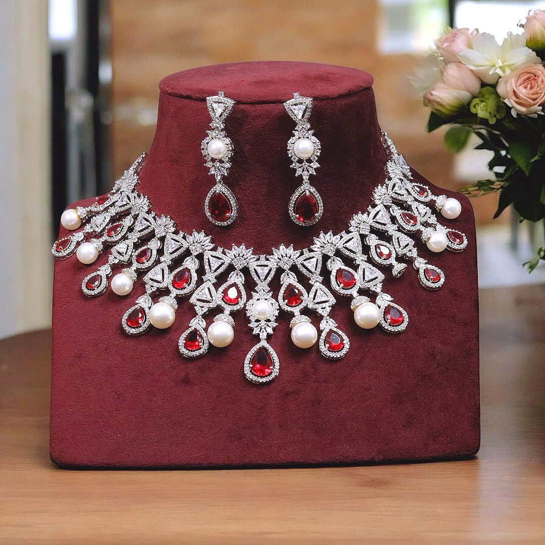 Bridal Polki Silver Red Choker Earrings Set, Wedding Polki Indian Jewerly Set, Pakistani Polki Choker Set, Jaipuri Polki jewlery Set - Libasaa.com