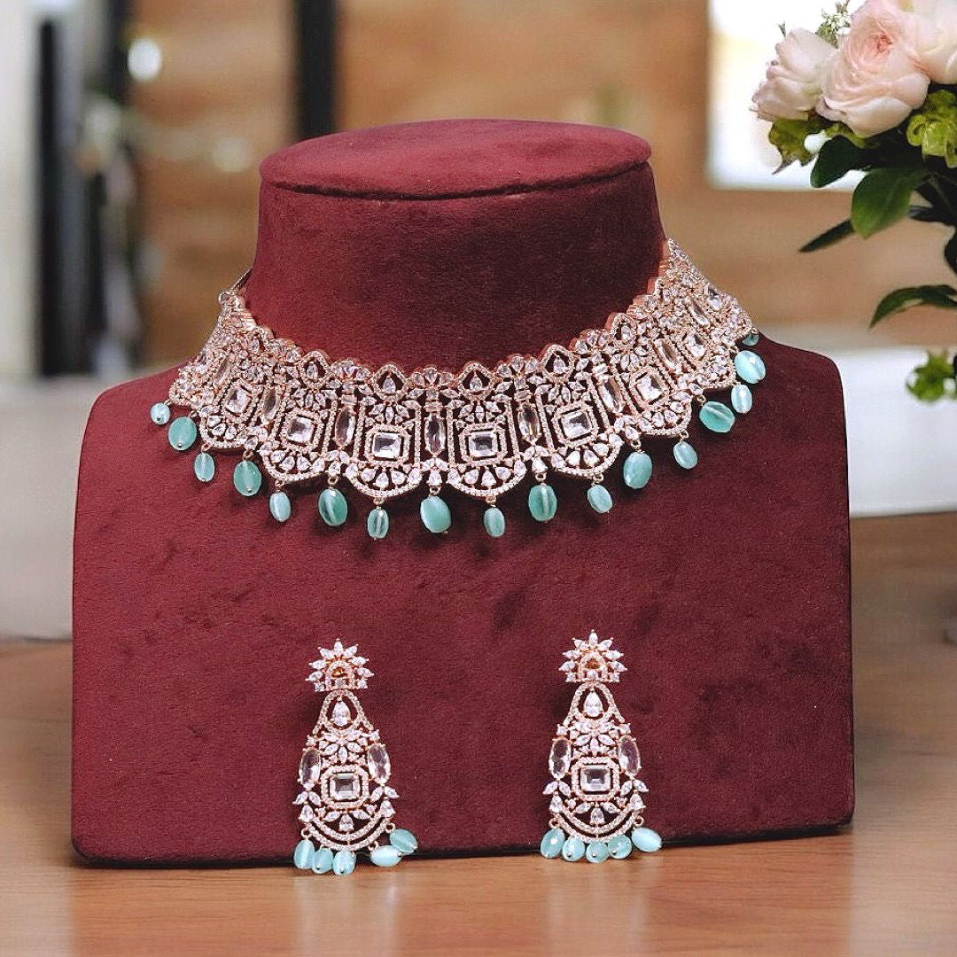 Mint Jaipuri Wedding Choker Earrings Set, Indian Bridal Mint Choker Set, Rajsthani Mint Jewerly Set, Pakistani Choker Earrings Set - Libasaa.com