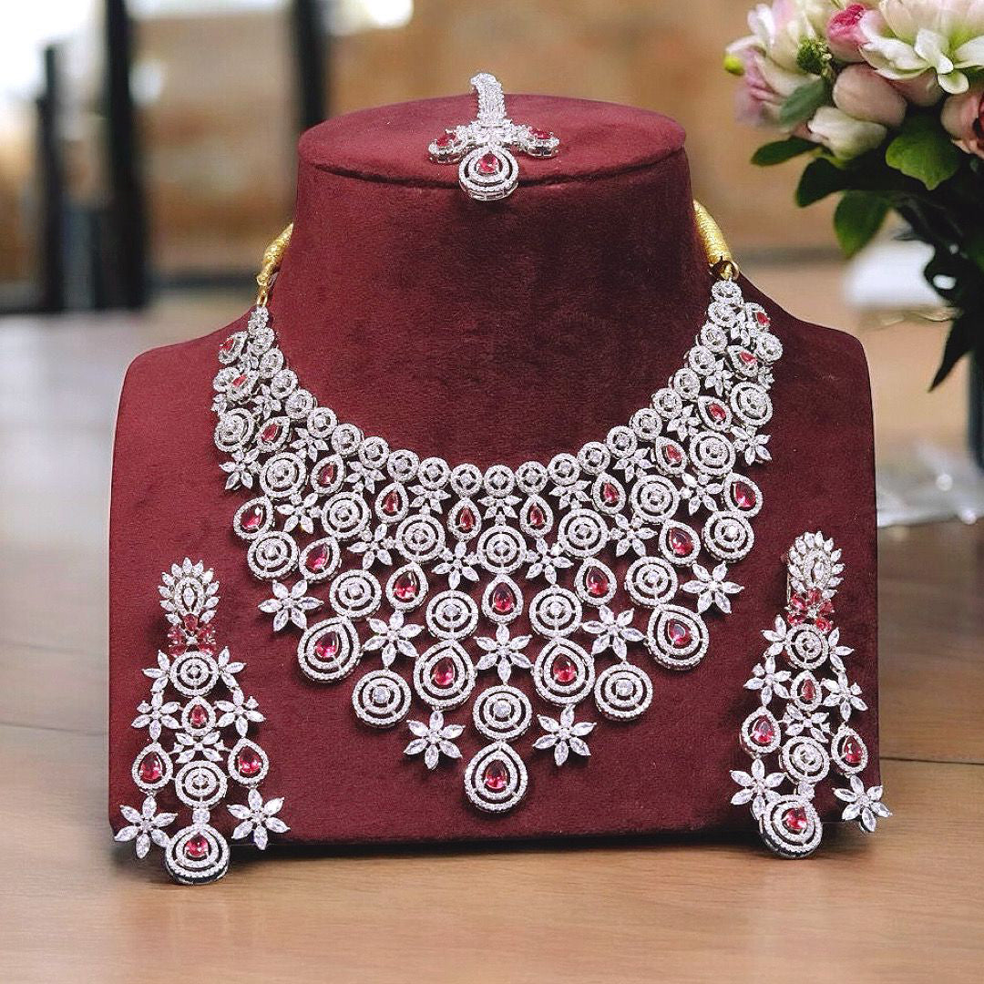 Indian Layered Meenakari Red Polki Choker Earrings Maangtika Set, Jaipuri Layer Red Polki Choker Jewelry Set, Red Choker Set - Libasaa.com