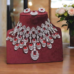 Bollywood Red Polki Choler Earrings Maangtika Set, Bollywood Red Polki Jewelry Set, Indian Red Polki Layer Choker Earrings Mangtika Set - Libasaa.com