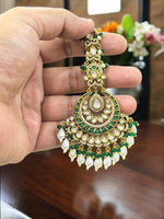 Green & Gold Plated Kundan Maang Tikka with Pearls | Bridal & Festive Hair Jewelry - Libasaa.com