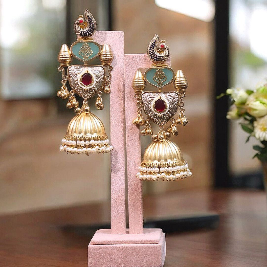 Indian Wedding Peacock Inspired Jhumki Earrings Set, Bollywood Peacock Design Jhumki Set, Celebrity Peacock Earrings Set, Bridal Peaock Jewelry Set - Libasaa.com