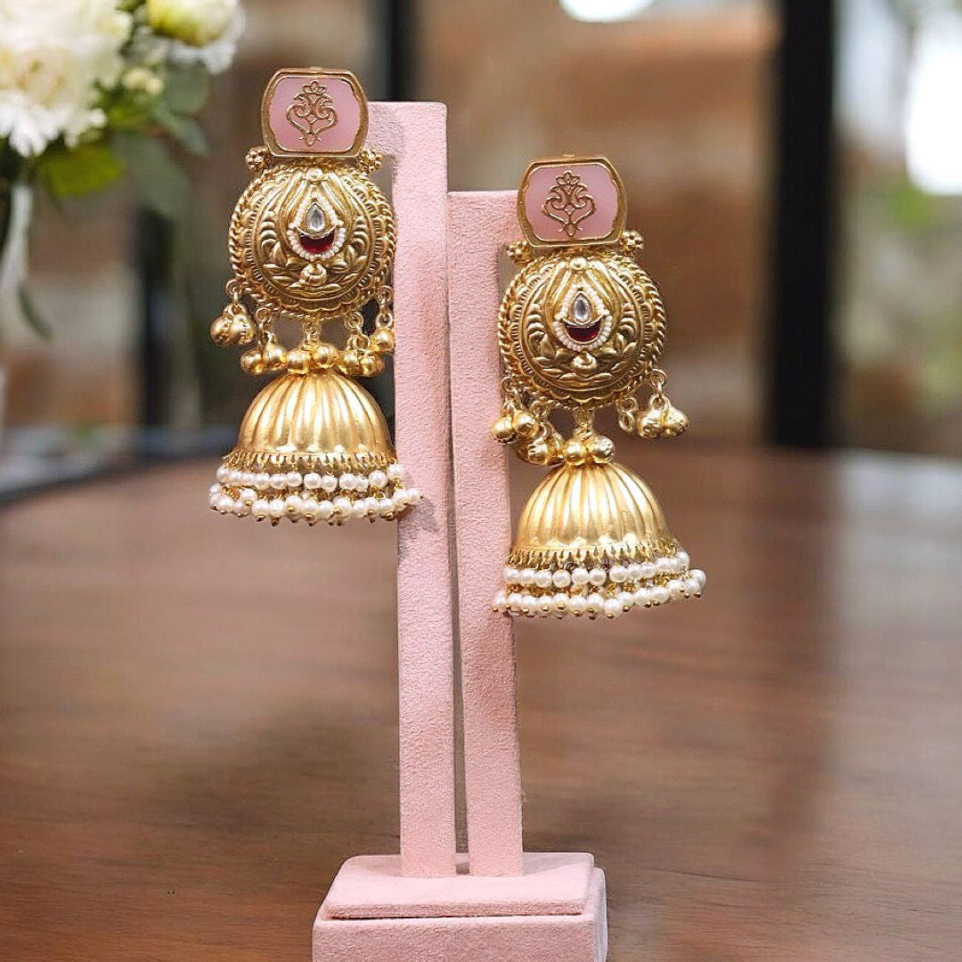 Pakistani Traditional Pearl Jhumki Earrings Set, Pakistani Bridal Kundan Jhumki Set, Indian Jhumki Set, Indian Kundan Jewelry Set - Libasaa.com