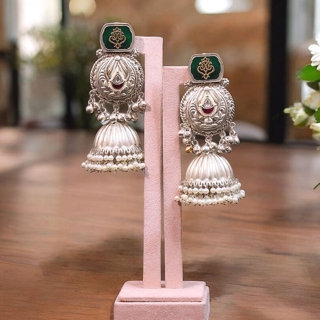 Jaipuri Silver Plated Kundan Jhumki Earrings Set, Indian Bridal Kundan Jhumki Set, Pakistani Silver Plated Earrings Set, Bollywood Kundan Jewelry Set - Libasaa.com