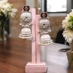 Jaipuri Silver Plated Kundan Jhumki Earrings Set, Indian Bridal Kundan Jhumki Set, Pakistani Silver Plated Earrings Set, Bollywood Kundan Jewelry Set - Libasaa.com