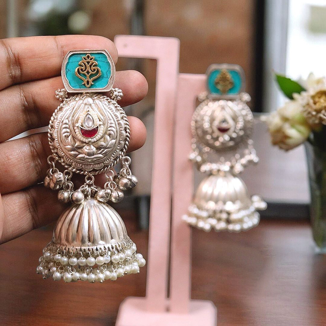 Jaipuri Silver Plated Kundan Jhumki Earrings Set, Indian Bridal Kundan Jhumki Set, Pakistani Silver Plated Earrings Set, Bollywood Kundan Jewelry Set - Libasaa.com