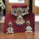 Nature Inspired Polki Choker Earrings Indian Jewelry Set, Bollywood Floral Polki Choker Set, Celebrity Polki Choker Earrings Set - Libasaa.com