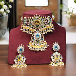 Nature Inspired Polki Choker Earrings Indian Jewelry Set, Bollywood Floral Polki Choker Set, Celebrity Polki Choker Earrings Set - Libasaa.com