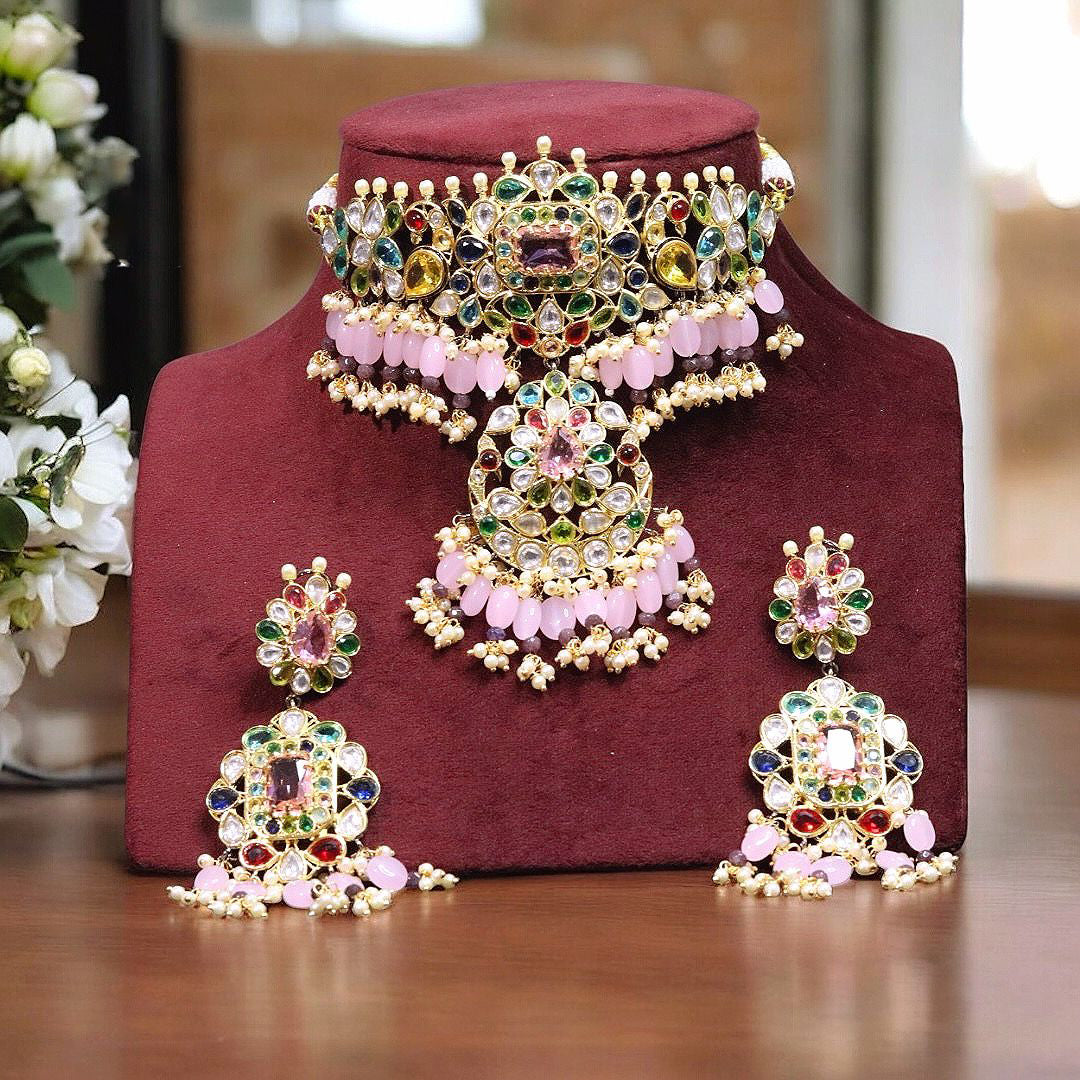 Nature Inspired Polki Choker Earrings Indian Jewelry Set, Bollywood Floral Polki Choker Set, Celebrity Polki Choker Earrings Set - Libasaa.com