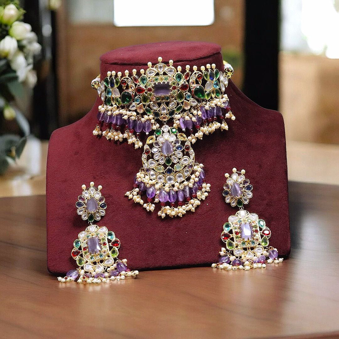 Nature Inspired Polki Choker Earrings Indian Jewelry Set, Bollywood Floral Polki Choker Set, Celebrity Polki Choker Earrings Set - Libasaa.com