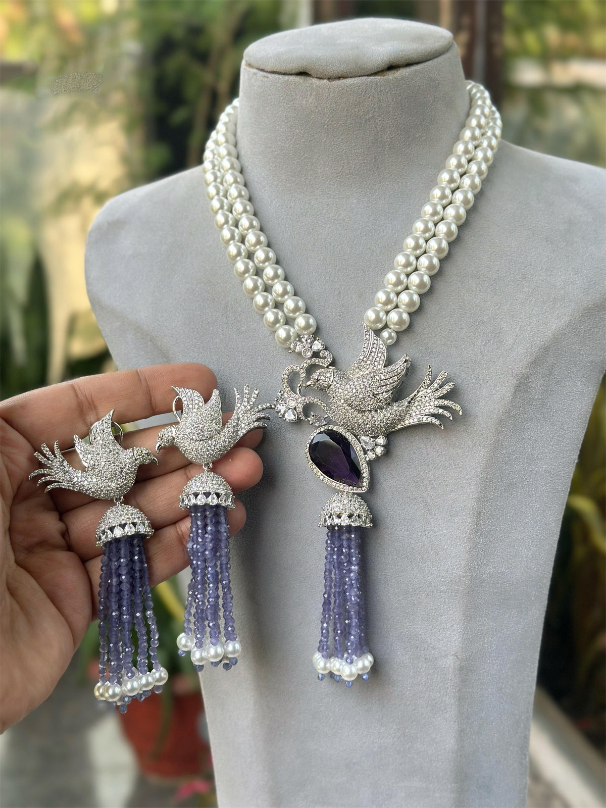 Bird Motif Purple Gemstone Beaded Necklace Tassel Earrings Set, Indian Bird Inspired Necklace Set, Silver Purple Nature Inspired Jewlery Set - Libasaa.com