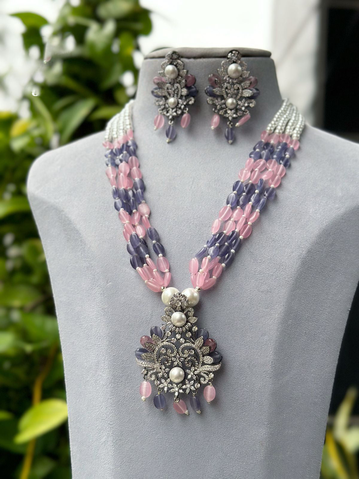 Classic Multi Strand Indian Polki Necklace Earrings Set, Indian Polki Jewelry, Traditional Multi Strand Polki Necklace Set - Libasaa.com