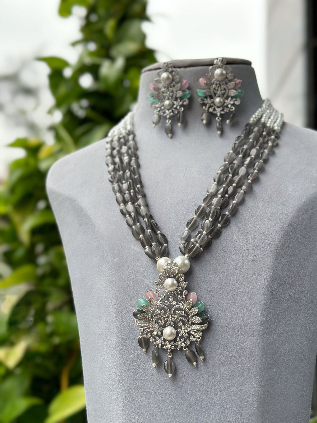 Classic Multi Strand Indian Polki Necklace Earrings Set, Indian Polki Jewelry, Traditional Multi Strand Polki Necklace Set - Libasaa.com