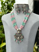 Classic Multi Strand Indian Polki Necklace Earrings Set, Indian Polki Jewelry, Traditional Multi Strand Polki Necklace Set - Libasaa.com