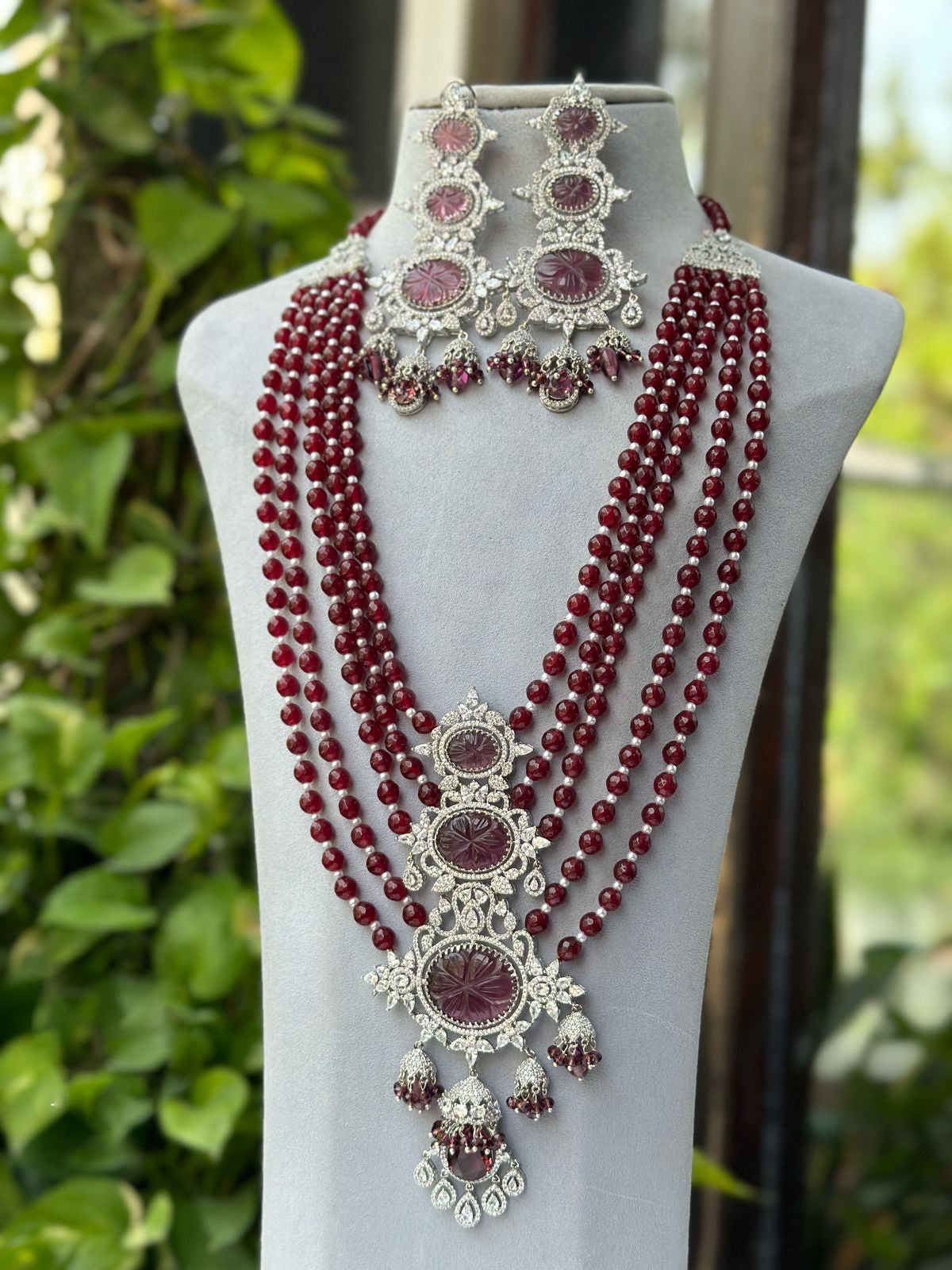 Multi Layer Jaipuri Polki Necklace Earrings Set, Layered Rajsthani Traditional Jewelry Set, Indian Ethnic Layer Necklace Set, Bollywood Multi Layer Polki Necklace Set, Celebrity Polki Jewelry Set - Libasaa.com