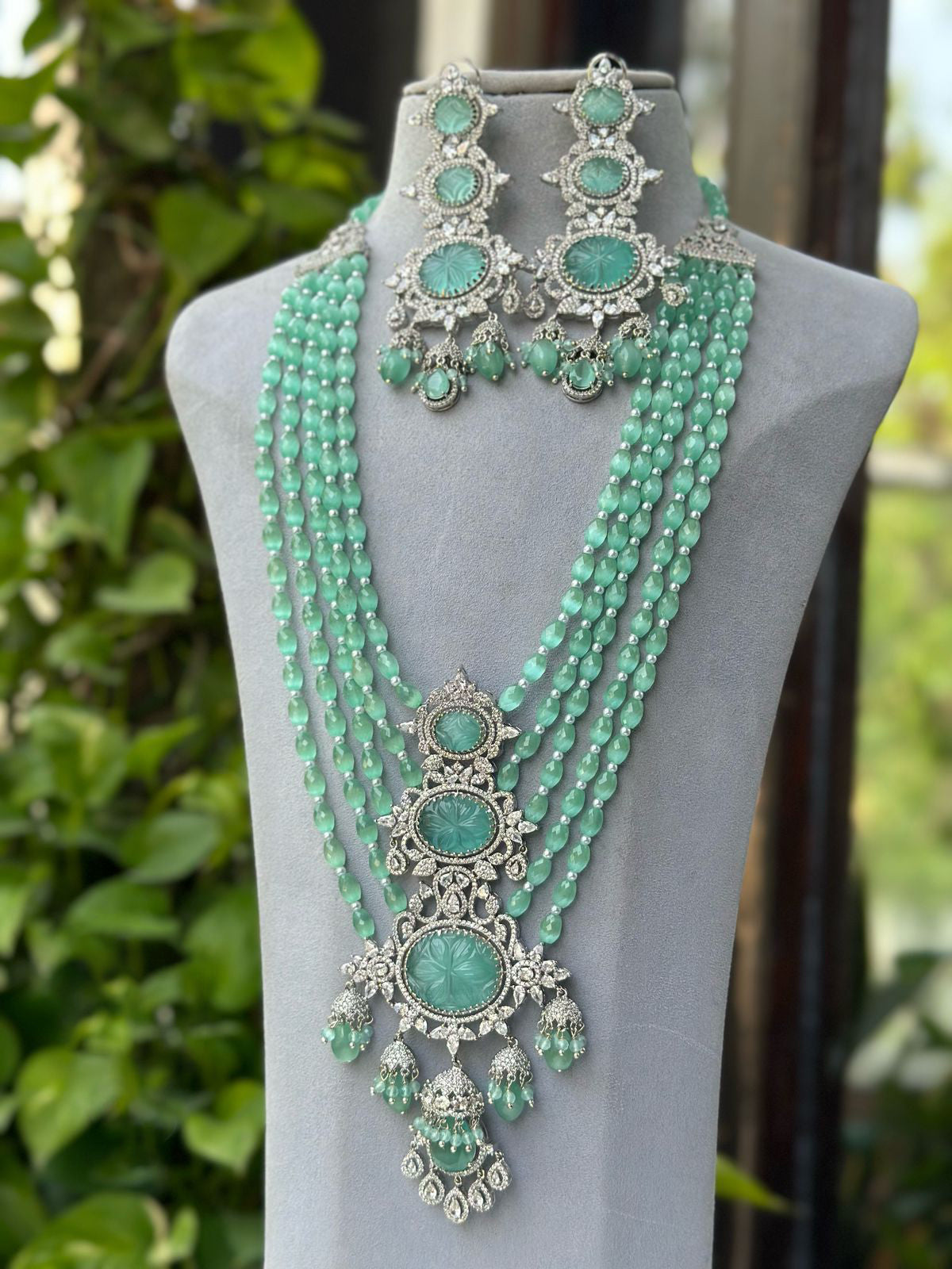 Multi Layer Jaipuri Polki Necklace Earrings Set, Layered Rajsthani Traditional Jewelry Set, Indian Ethnic Layer Necklace Set, Bollywood Multi Layer Polki Necklace Set, Celebrity Polki Jewelry Set - Libasaa.com