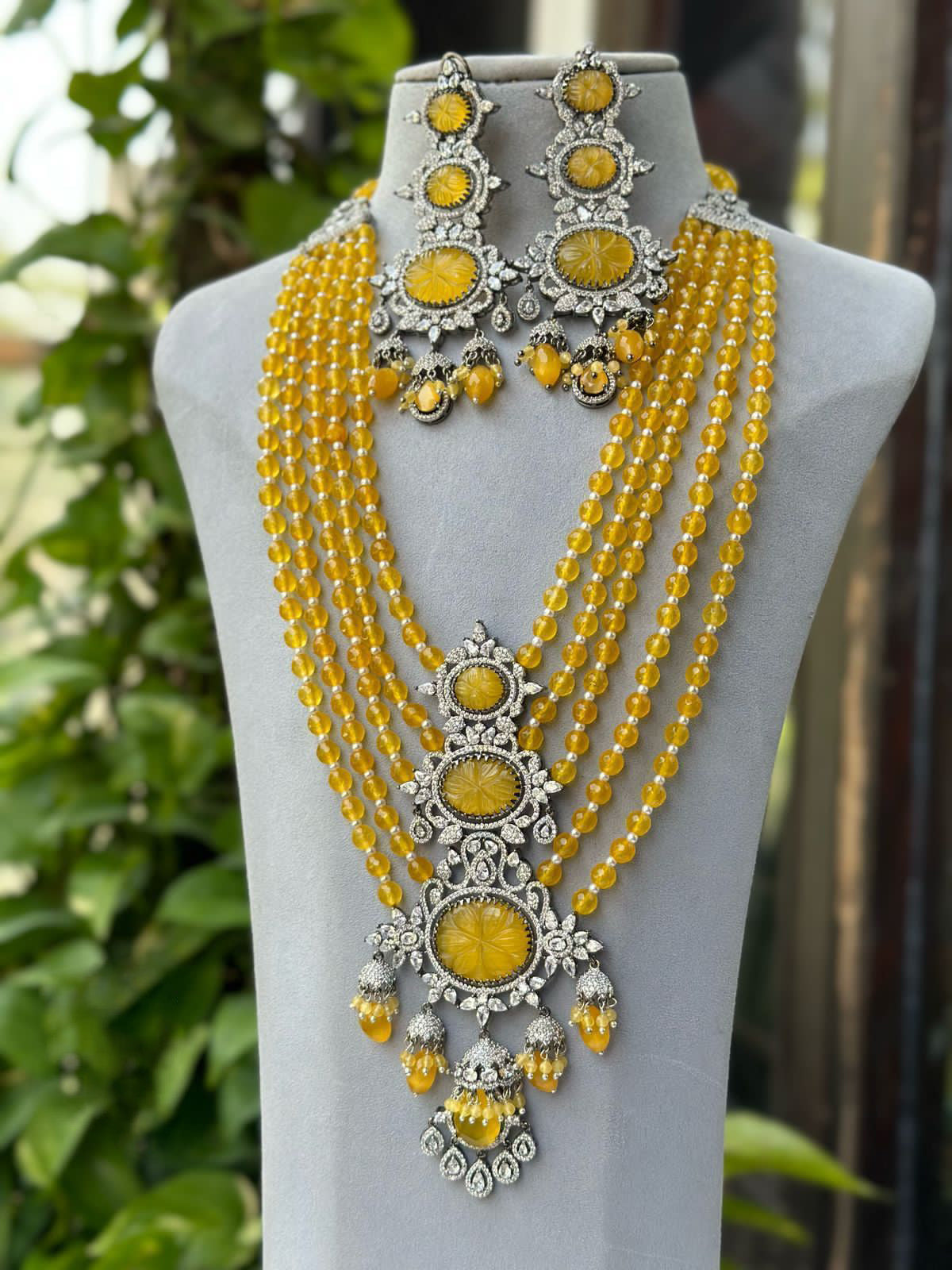 Multi Layer Jaipuri Polki Necklace Earrings Set, Layered Rajsthani Traditional Jewelry Set, Indian Ethnic Layer Necklace Set, Bollywood Multi Layer Polki Necklace Set, Celebrity Polki Jewelry Set - Libasaa.com