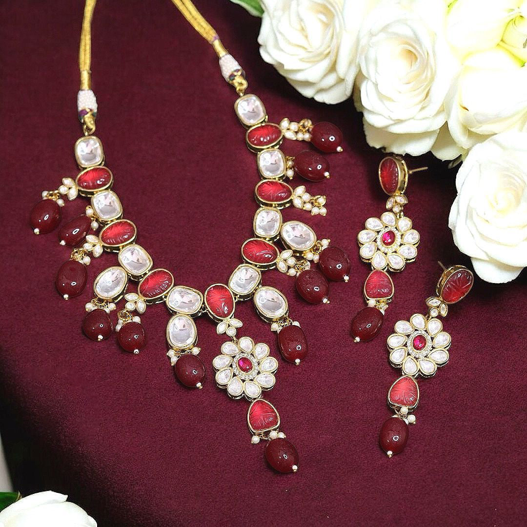 Indian Traditional Floral Polki Necklace Earrings Set, Rajsthani Ethnic Floral Necklace Set, Jaipuri Polki Jewelry Set - Libasaa.com
