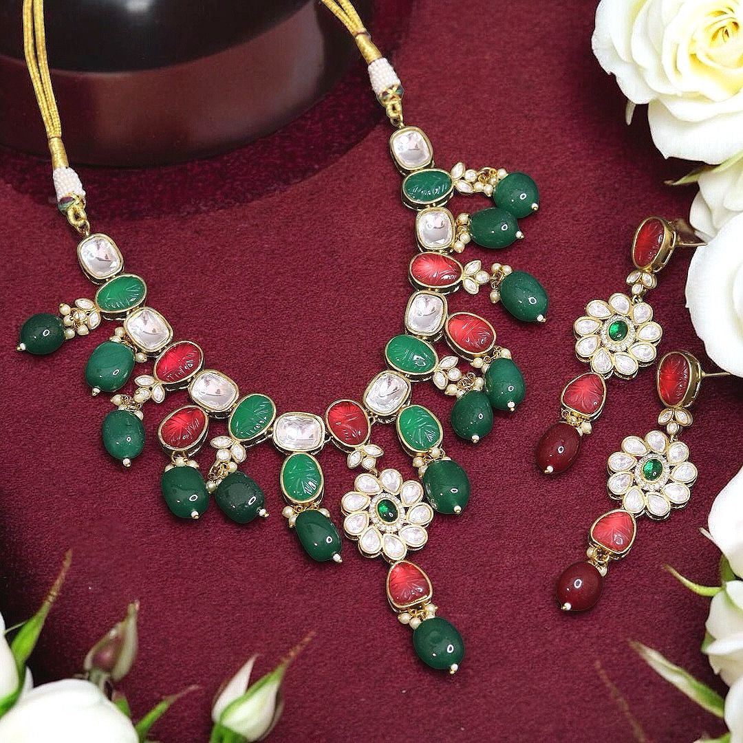 Indian Traditional Floral Polki Necklace Earrings Set, Rajsthani Ethnic Floral Necklace Set, Jaipuri Polki Jewelry Set - Libasaa.com