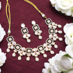 Silver Black Indian Polki Choker Earrings Set, Pakistani Silver Black Polki Jewelry Set, Indian Wedding Polki Necklace Set, Bridal Polki Jewelry Set - Libasaa.com