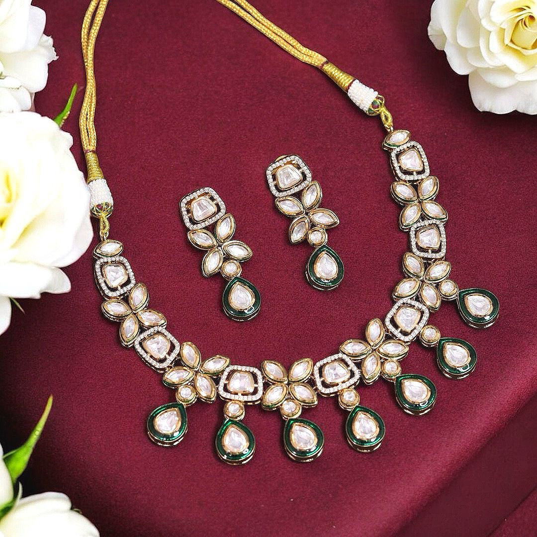 Floral Silver Green Indian Choker Earrings Set, Floral Polki Bollywood Choker Set, Silver Green Polki Indian Jewlery Set, Bridal Polki Jewelry Set - Libasaa.com