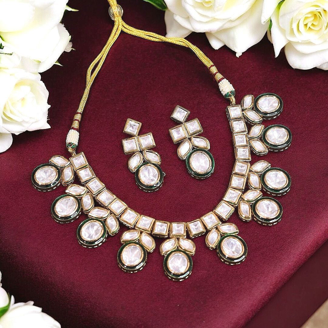 Floral Polki Beaded Pakistani Choker Earrings Set, Floral Celebrity Choker Set, Silver Polki Indian Jewlery Set, Wedding Polki Jewelry Set - Libasaa.com