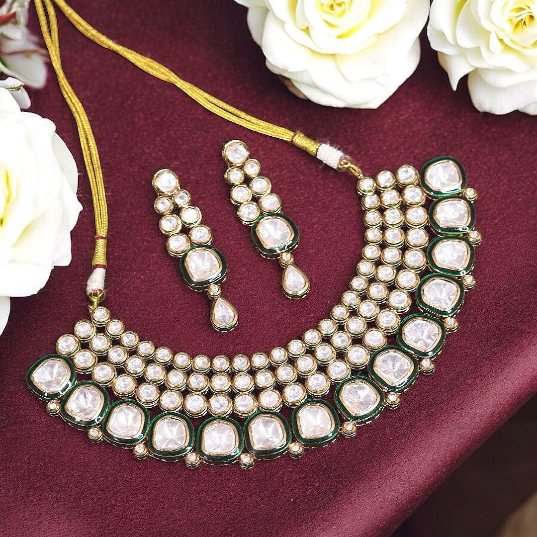 Punjabi Multi Layered Polki Beaded Choker Earrings Set, Punjabi Layered Polki Jewelry Set, Punjabi Polki Layer Choker Set, Indian Choker Earrings Set, Bollywood Polki Layer Choker Set - Libasaa.com