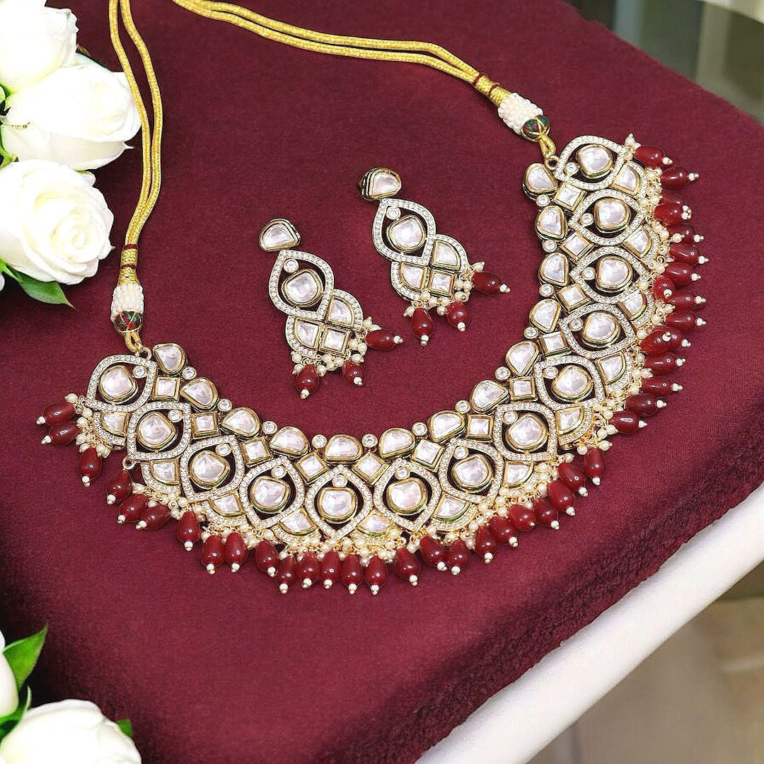 Red Stone Beaded Polki Choker Earrings Indian Jewelry Set, Pakistani Red Polki jewelry Set, Wedding Jewelry Set, Bollywood Polki Jewelry Set - Libasaa.com