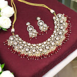Red Stone Beaded Polki Choker Earrings Indian Jewelry Set, Pakistani Red Polki jewelry Set, Wedding Jewelry Set, Bollywood Polki Jewelry Set - Libasaa.com