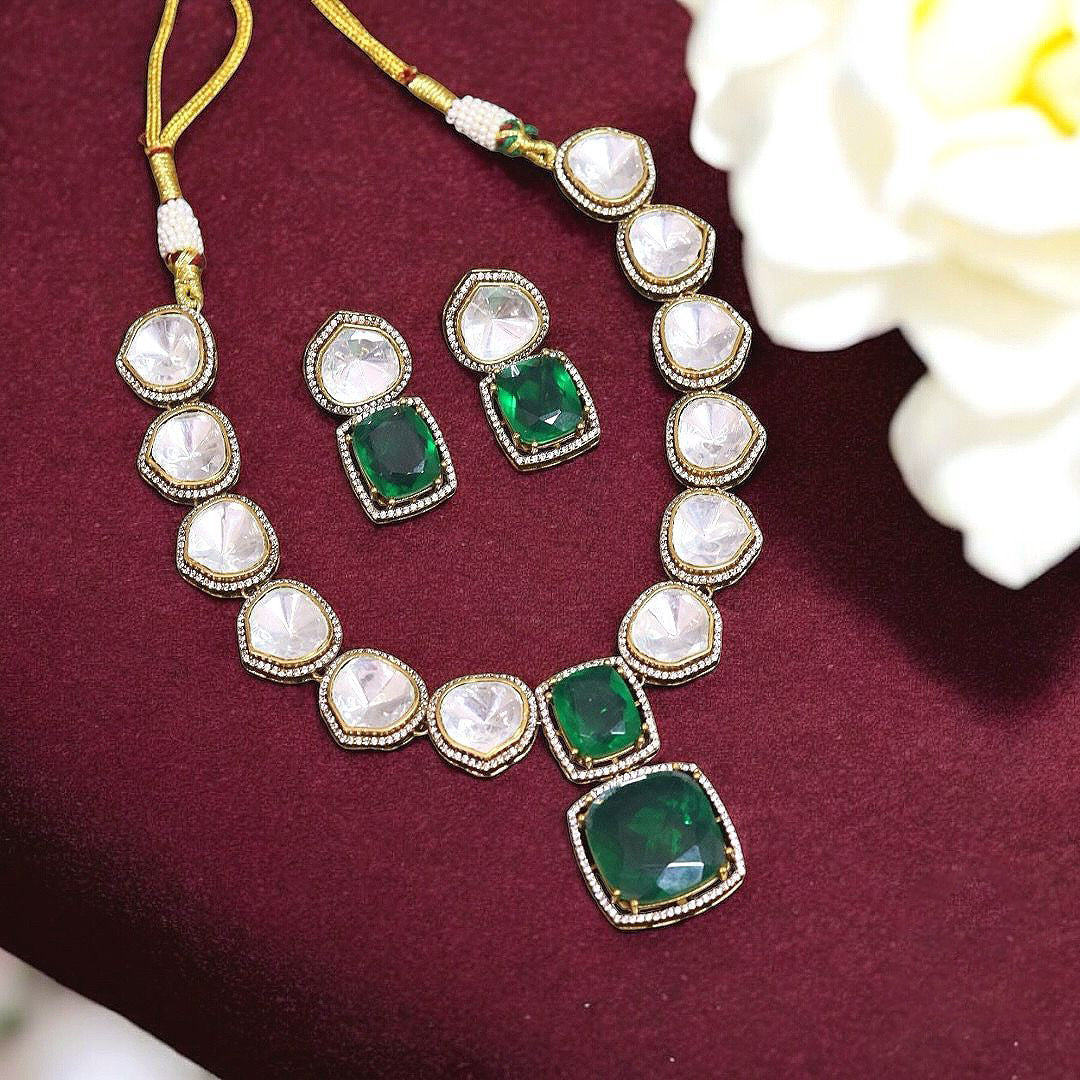 Luxury Indian Wedding Polki Necklace Earrings Set, Indian Polki Beaded Necklace Set, Bollywood Silver Green Polki Jewelry Set, Jaipuri Polki Necklace Set, Bridal Jewelry Set - Libasaa.com