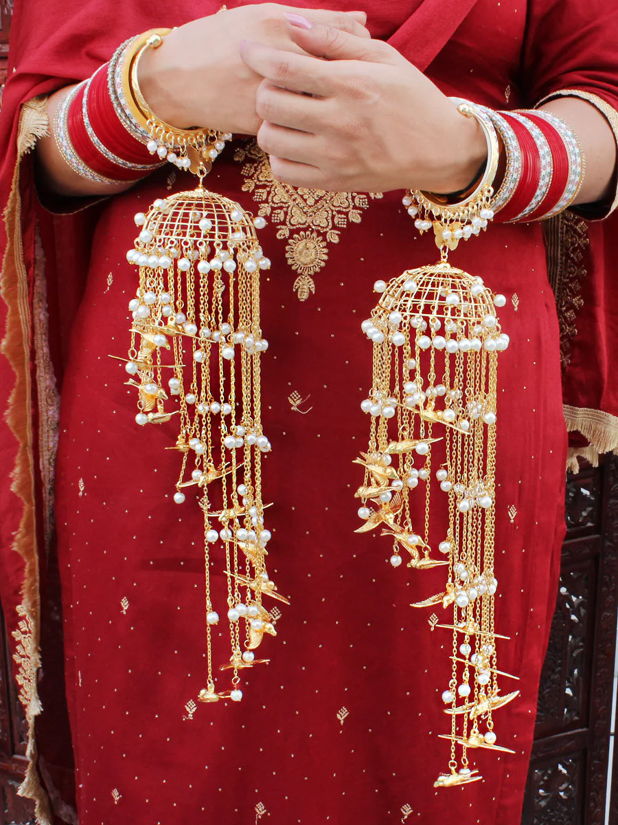 Ethnic Gold Bridal Kaleere Multi Tiered Dangling Beads, Pakistani Kaleere, Indian Wedding Kaleere, Jaipuri Golden Haathphool Set - Libasaa.com