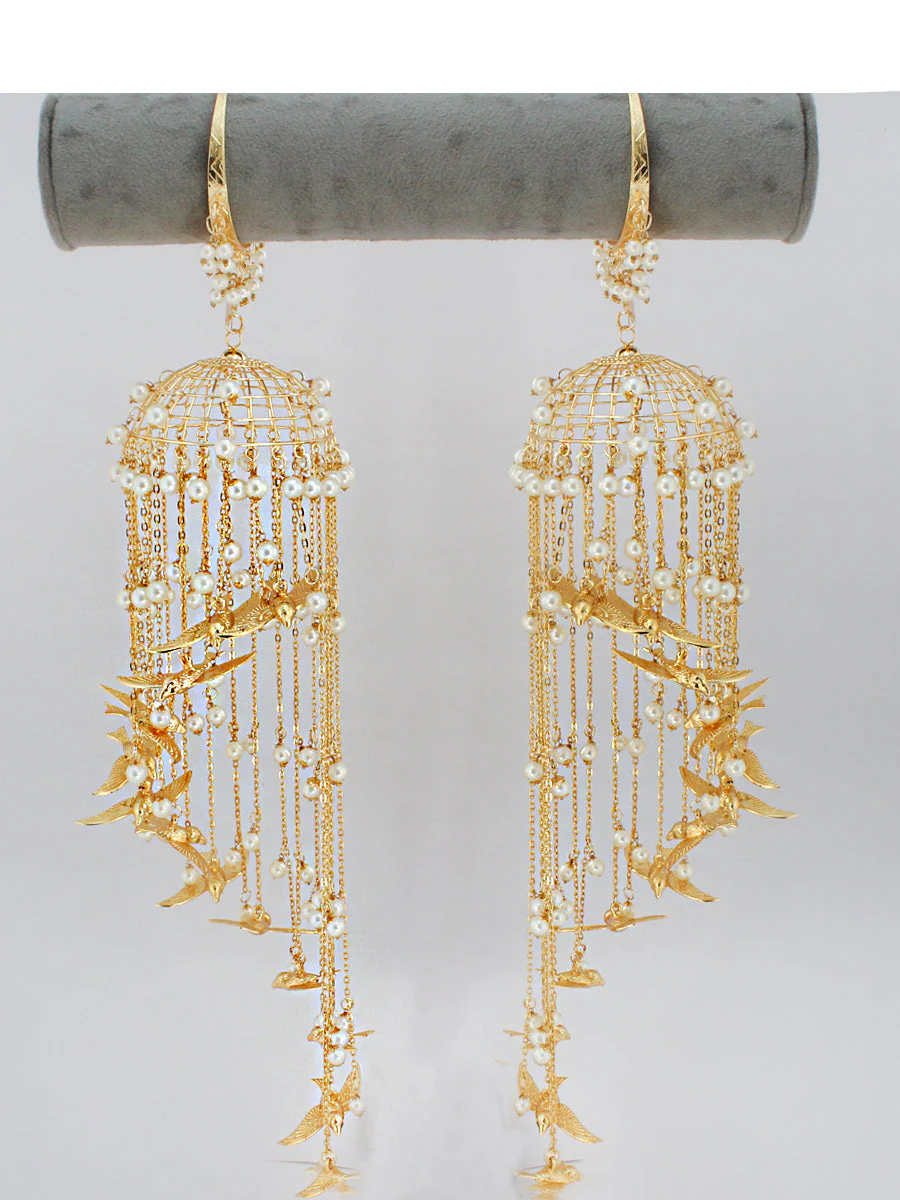 Ethnic Gold Bridal Kaleere Multi Tiered Dangling Beads, Pakistani Kaleere, Indian Wedding Kaleere, Jaipuri Golden Haathphool Set - Libasaa.com